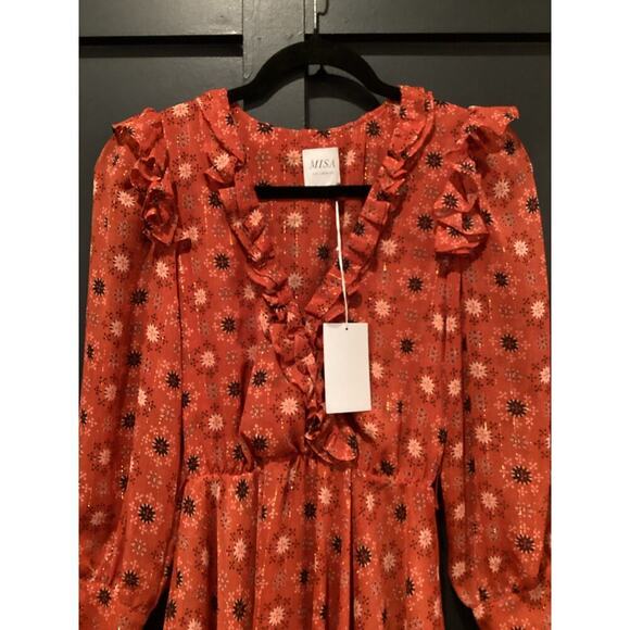 MISA Veruka maravi dots faux wrap Chiffon Long Sleeve Ruffled Mini Dress V Neck - Picture 3 of 12